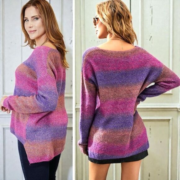Purple Pink Ombre Rib-Knit V-Neck Knit Pullover Sweater NWT - Double Take - Picture 5 of 10